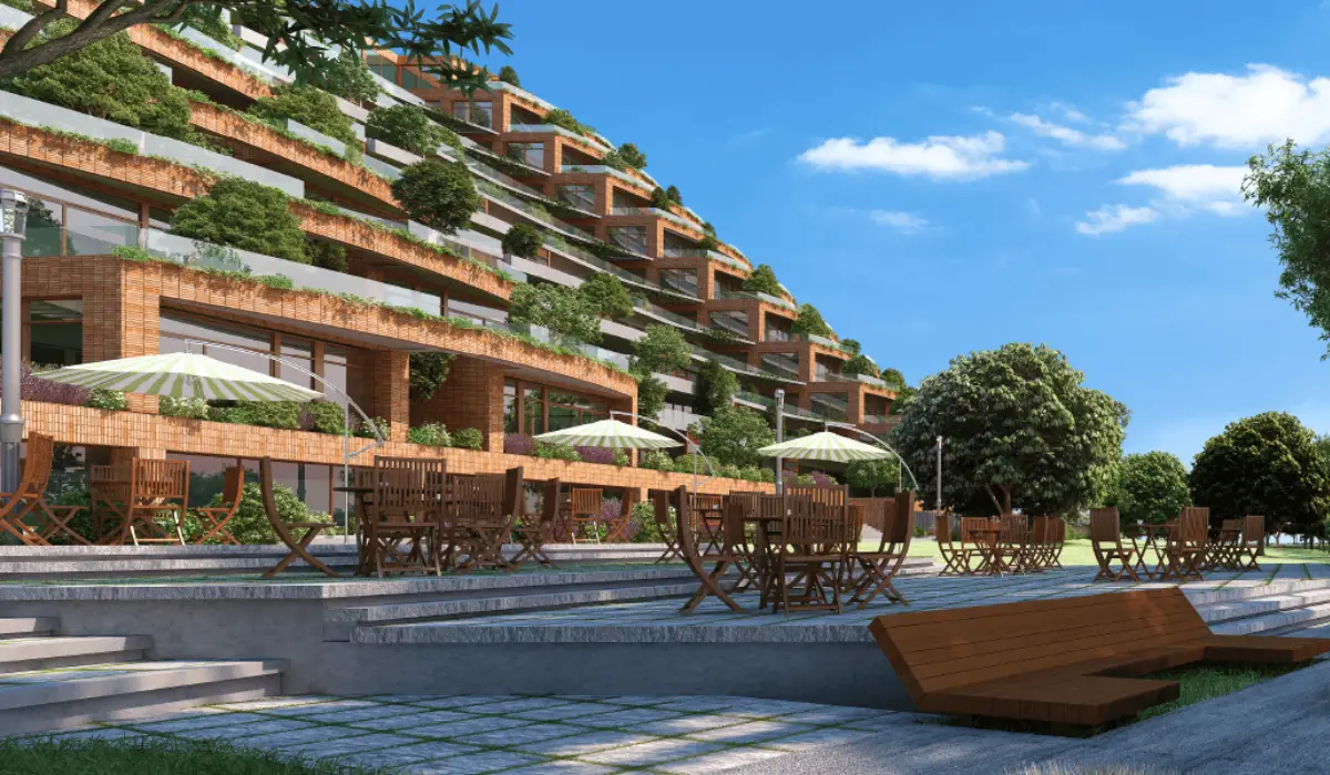 Outdoor seating area and boardwalk